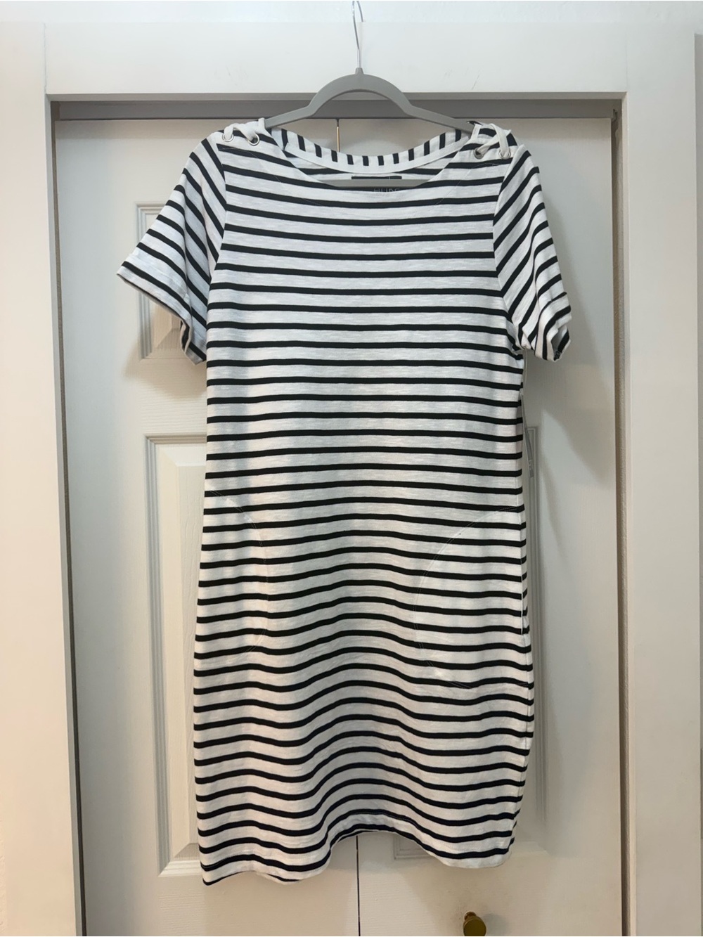 Erika Black and White Striped Short Sleeve Shift Dress, Nautical, Size Small